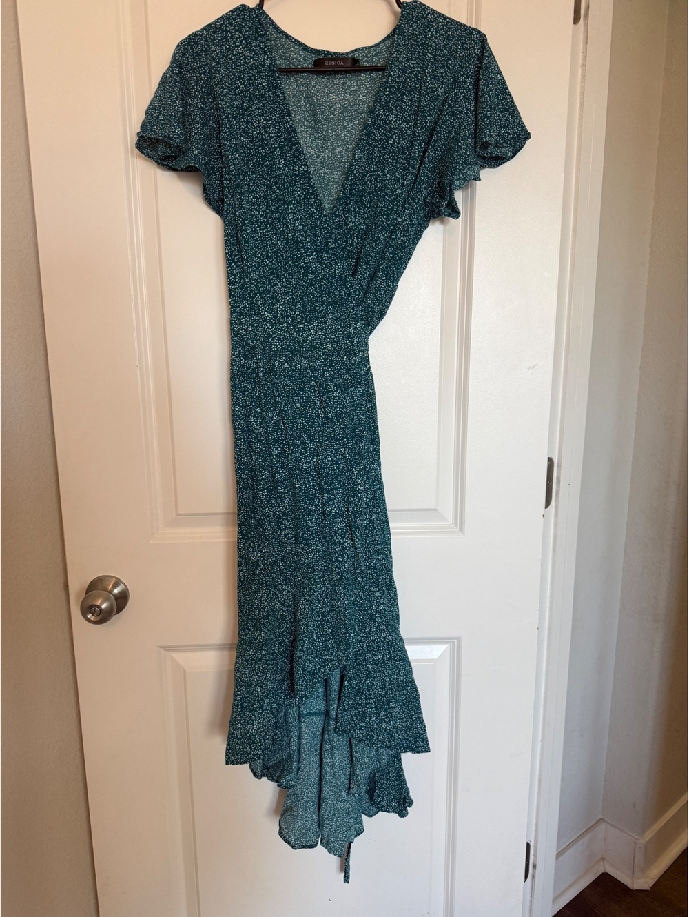 Zesica Women's Teal Floral Wrap Dress with Ruffle Hem, Size Large